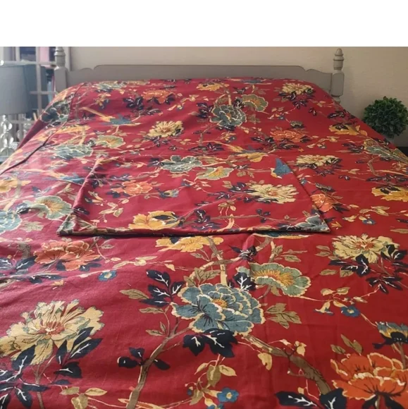 Pottery Barn Red Floral Linen Blend Brighton King Duvet Cover Square Sham Set - Picture 6 of 6